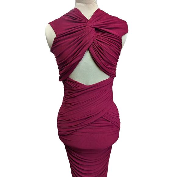 Ronny Kobo Nasha Burgundy Ruched Cutout Gown XS Red Maxi Dress Sculpted Mesh - Picture 3 of 7